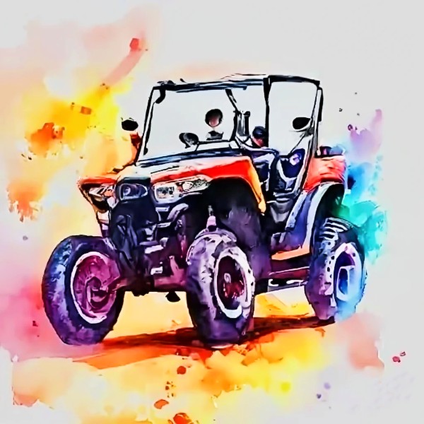 An artistic watercolor by Craiyon/DalllE of a UTV in the style of a Kioti
